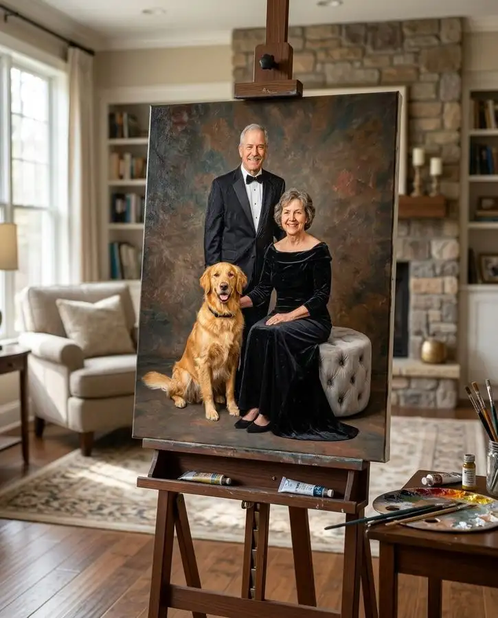 An older couple in formal black evening wear poses with their golden retriever against a mottled brown background.
