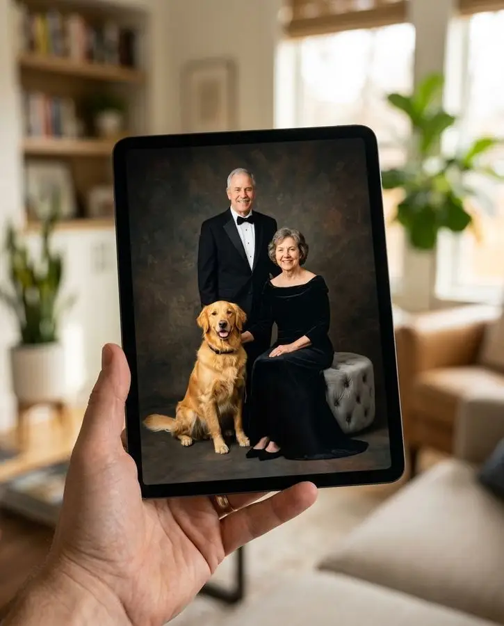 A smiling senior couple dressed in black formal wear poses with their golden retriever against a dark backdrop.