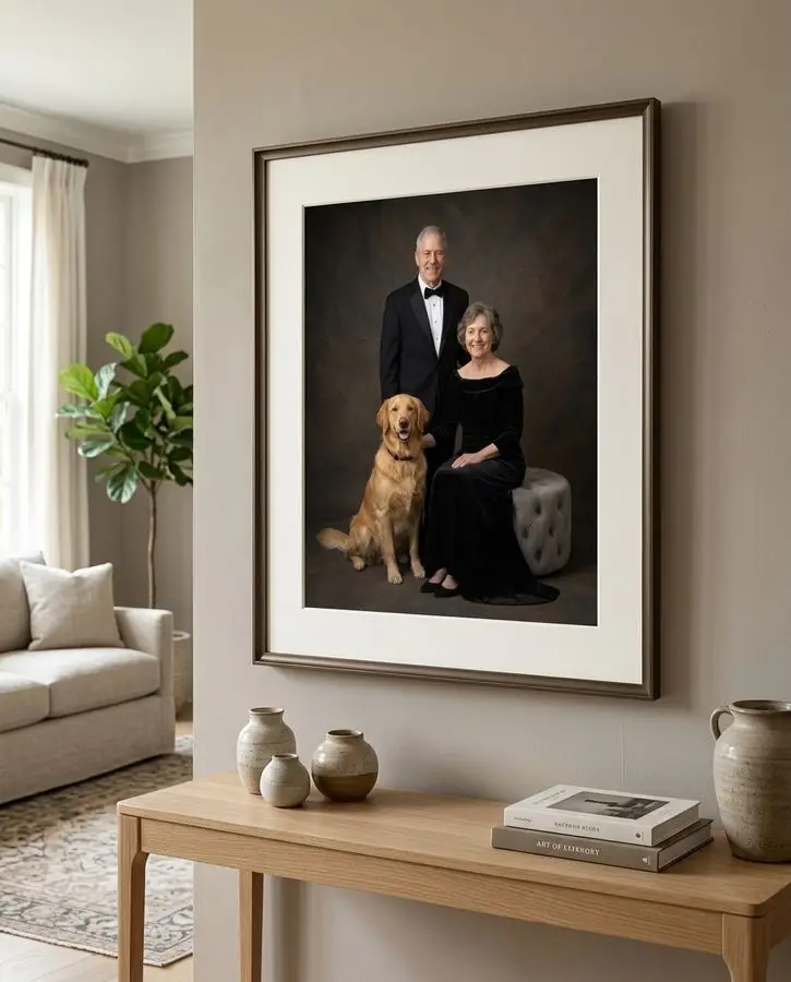 An older couple in formal black attire poses with a golden retriever against a dark, textured background.