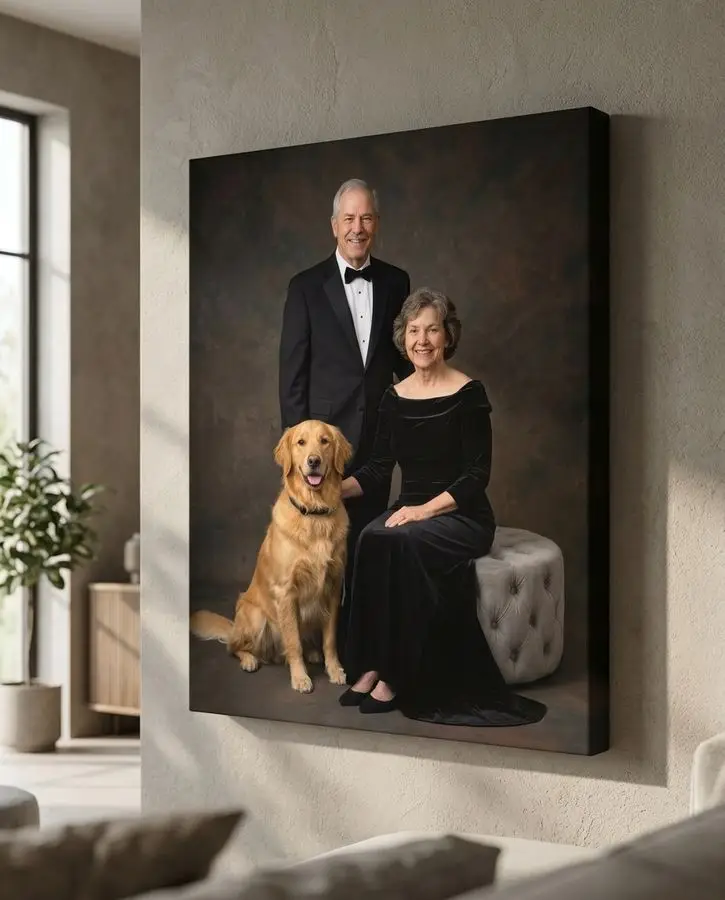 A man in a tuxedo and a woman in a black gown pose with a golden retriever against a dark studio backdrop.