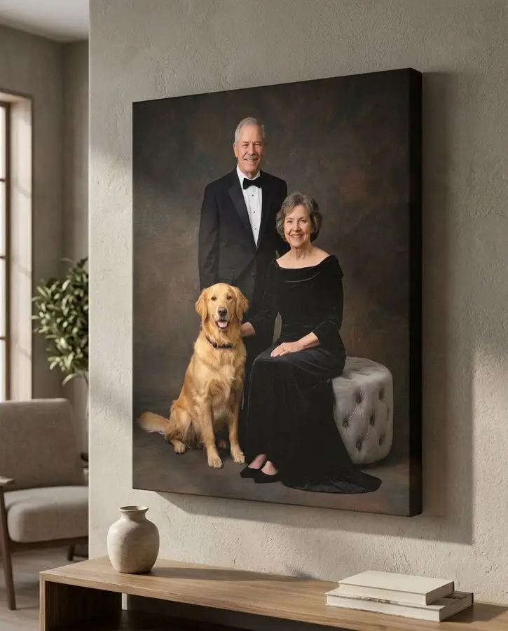 A smiling senior couple in formal black attire poses beside their seated golden retriever against a dark backdrop.