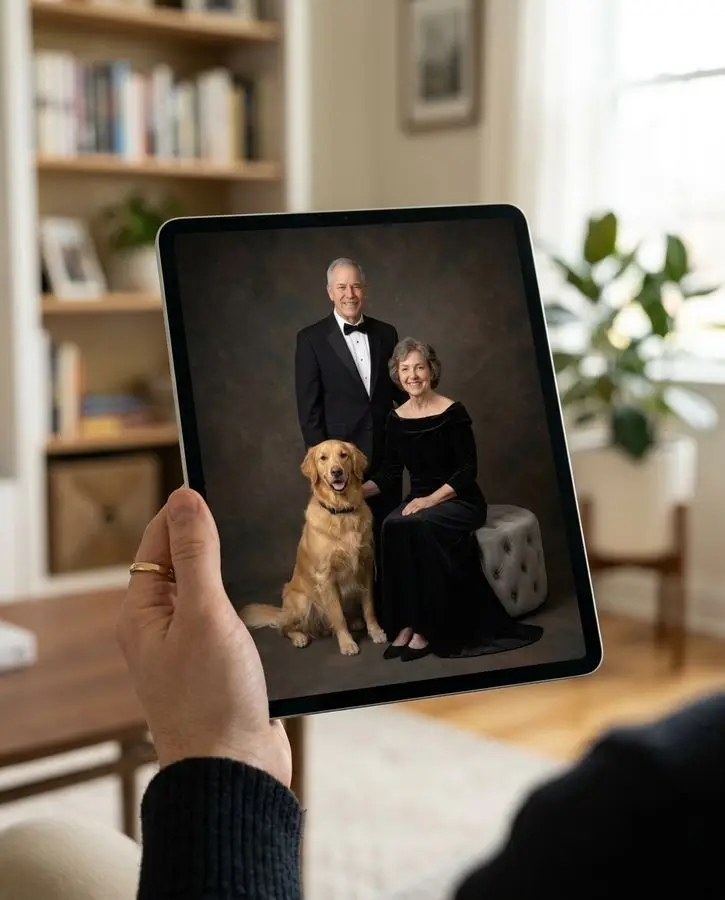 A smiling older man in a tuxedo and a woman in a black dress pose beside their golden retriever dog against a dark studio background.