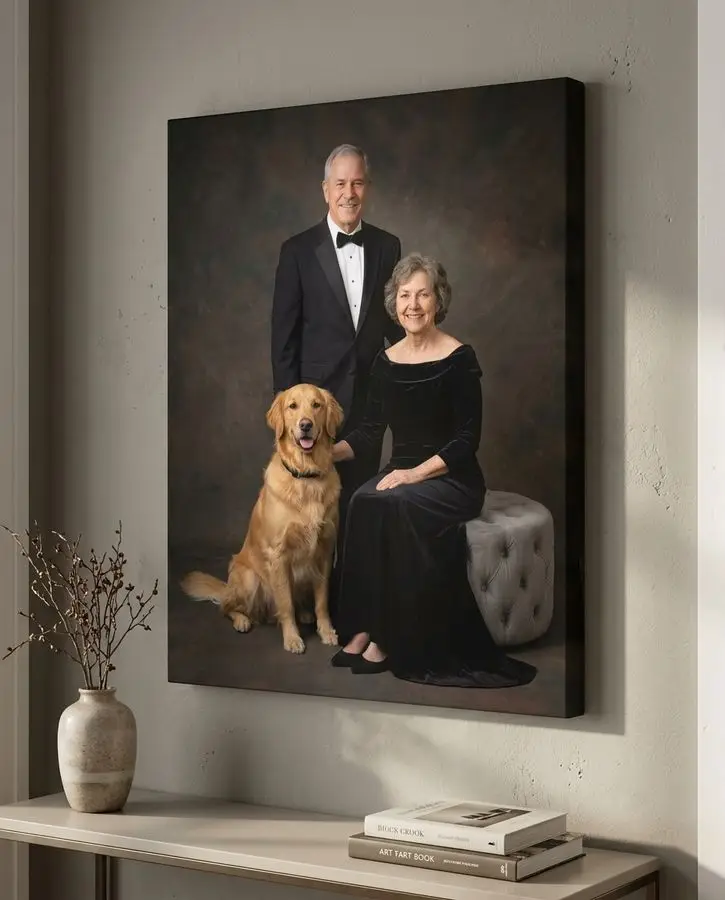 An older couple in formal black attire poses with a golden retriever against a mottled dark background.