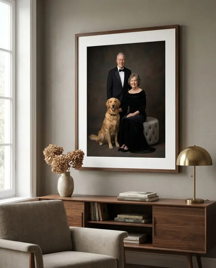 An older couple dressed in formal black attire poses with a golden retriever against a dark studio backdrop.