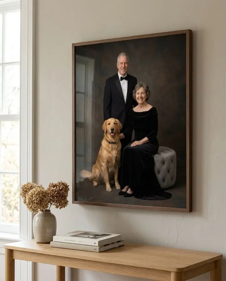 An older couple in formal black evening wear poses with their golden retriever against a dark brown studio background.