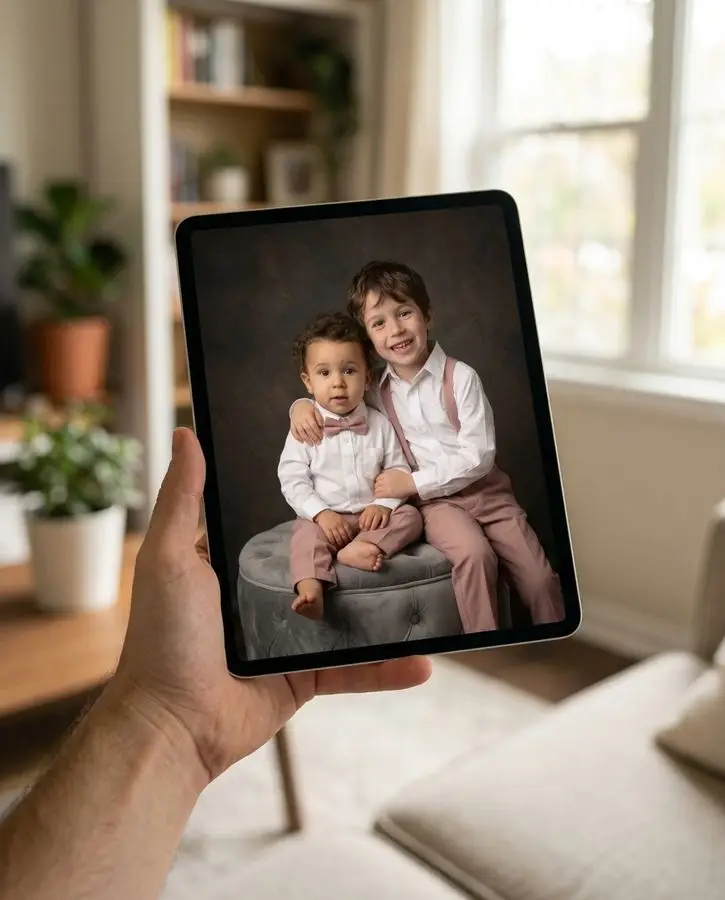 Two young brothers wearing matching white shirts and dusty rose trousers sit together on a grey ottoman against a dark textured backdrop.