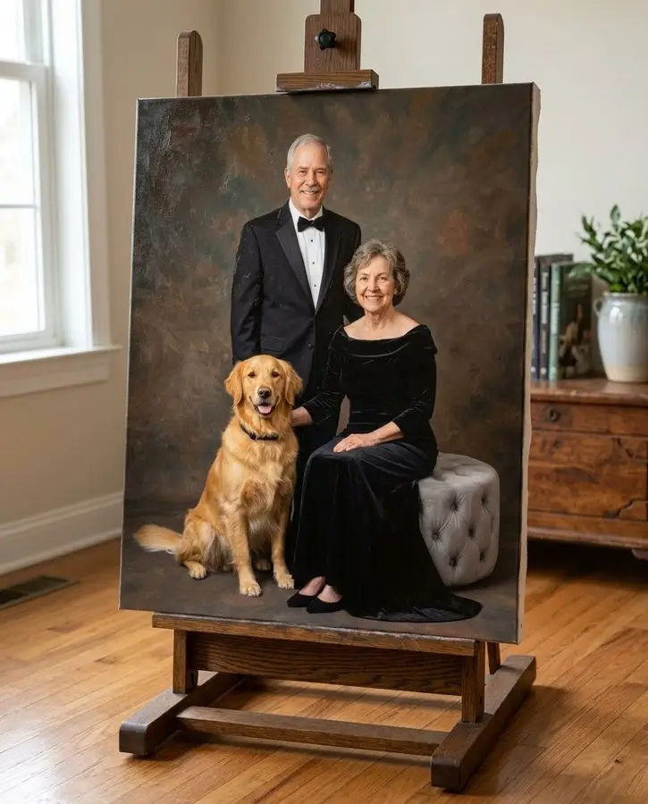 A large canvas displayed on a wooden easel depicts an older man in a tuxedo standing beside a seated woman in a black dress with a golden retriever.