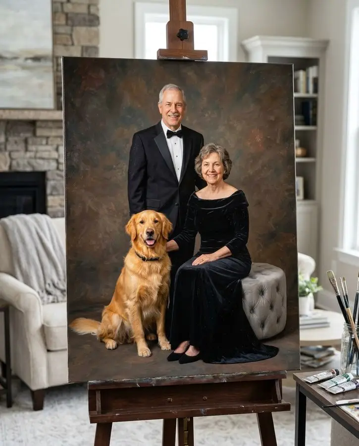 A senior man in a tuxedo and a woman in a black gown pose with a golden retriever against a dark backdrop.
