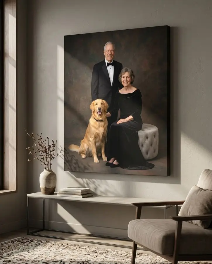 An older man in a tuxedo and a woman in a black gown pose alongside their golden retriever against a dark studio backdrop.