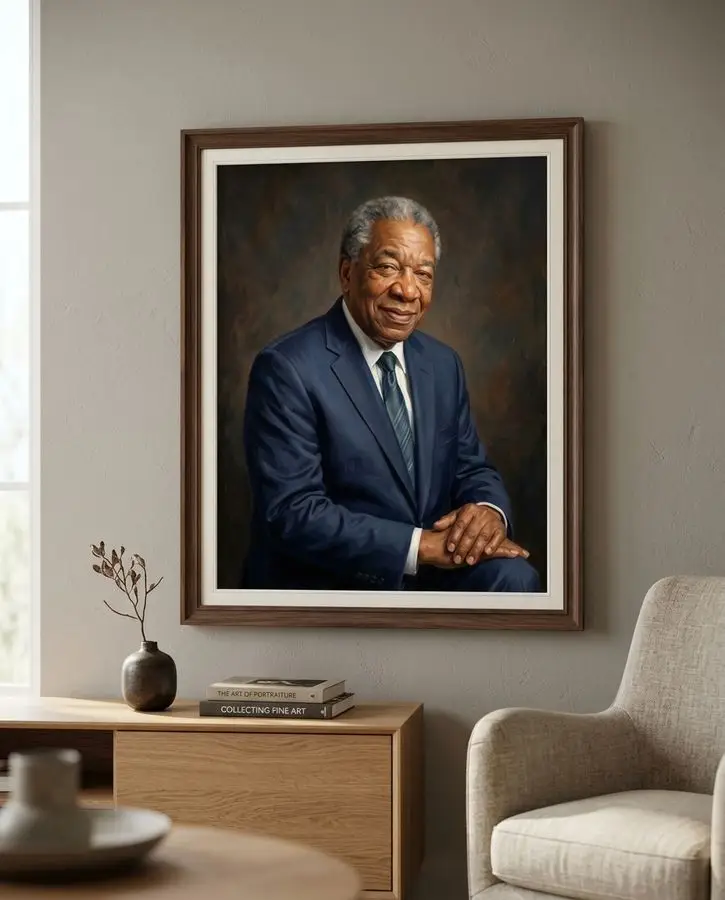 An older Black man with gray hair smiles wearing a navy blue suit and tie against a dark textured background.