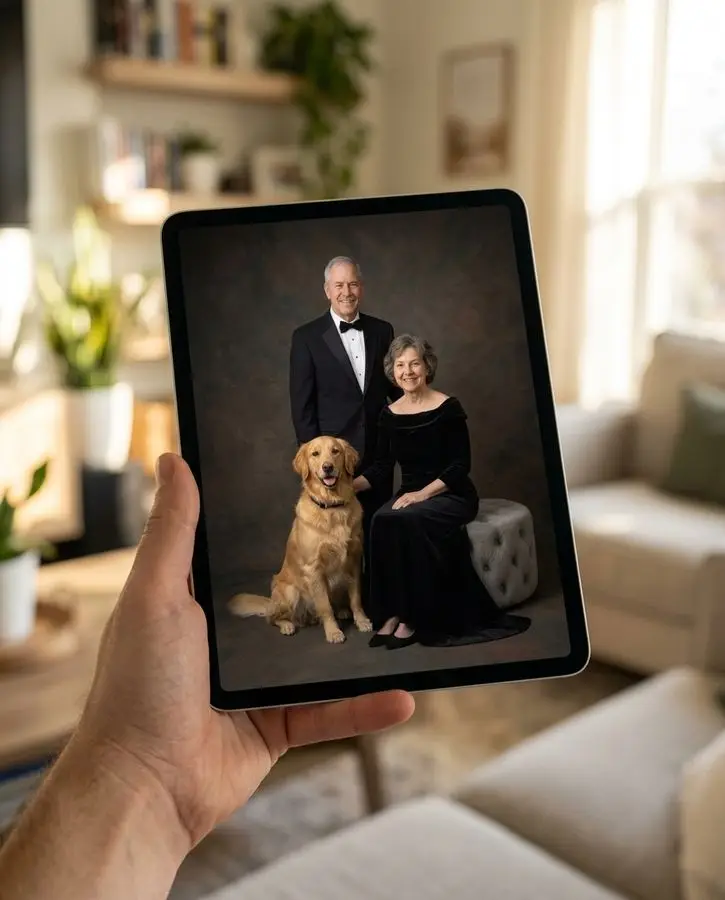 A formal studio portrait shows a smiling senior couple dressed in black standing and sitting alongside their golden retriever.