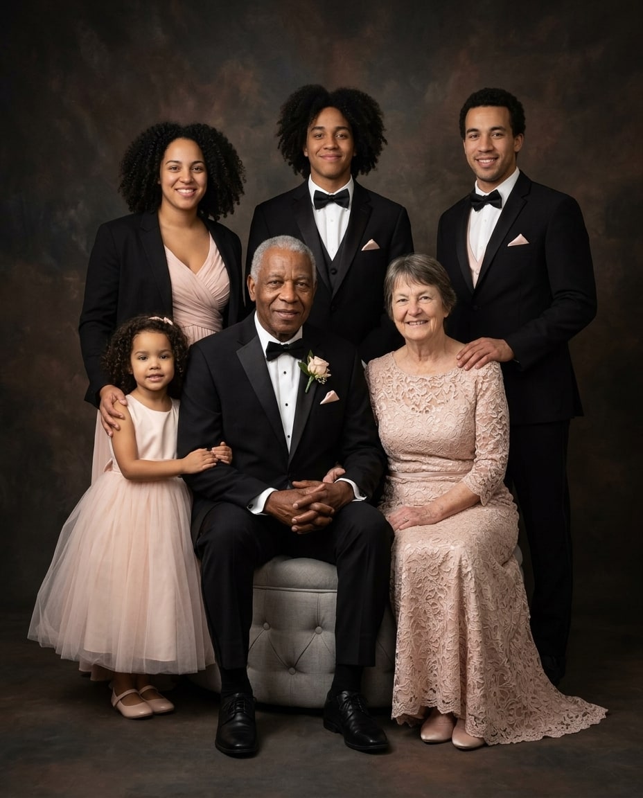 A formal multigenerational family of six poses together against a dark studio backdrop wearing black formal attire and blush pink dresses.