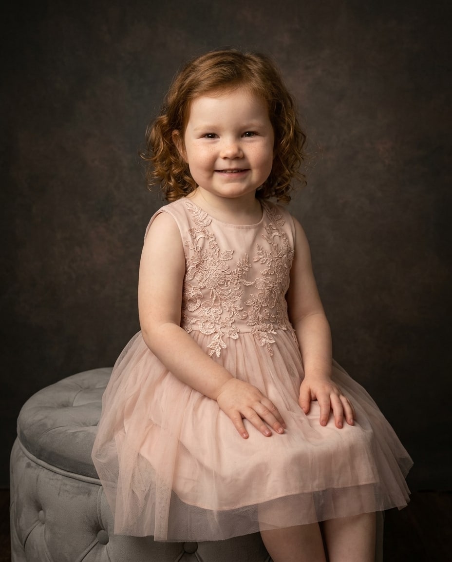 A young girl with curly red hair smiles while sitting on a grey ottoman in a blush lace dress for an heirloom portrait.