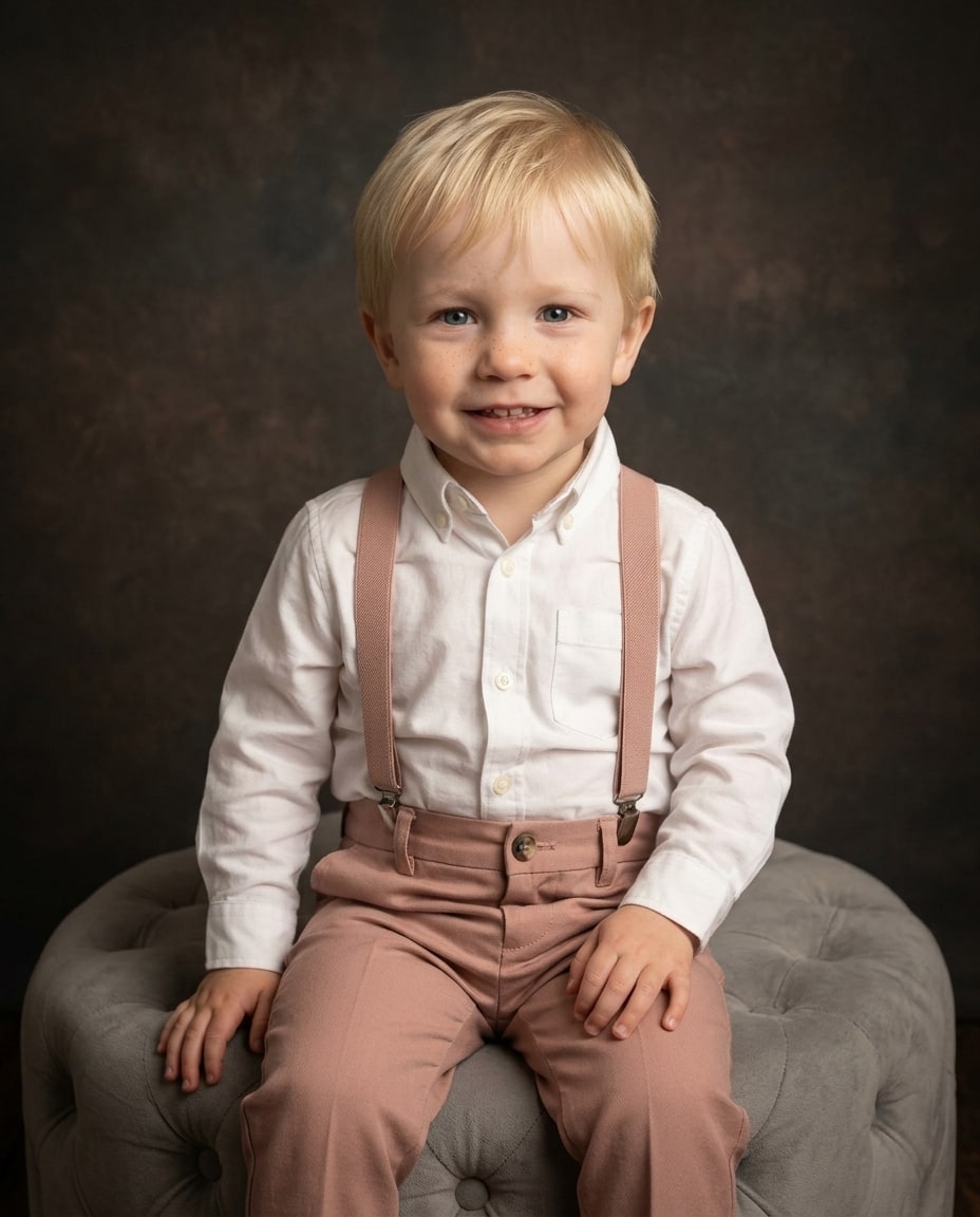 An heirloom boy portrait from photo showing a smiling toddler in a white shirt and dusty rose suspenders seated on a tufted ottoman.