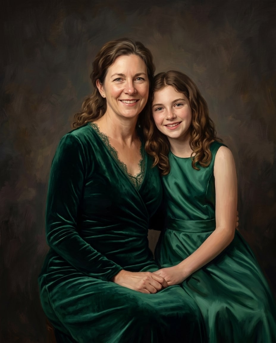 A mother and daughter photo portrait showing them sitting closely together and smiling in elegant green dresses against a dark textured backdrop.