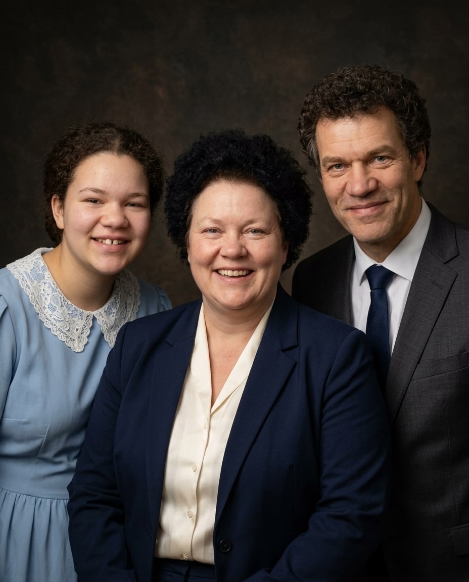 A family of three smiles together against a dark brown background wearing blue and grey formal attire.