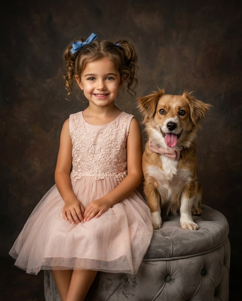 A smiling young girl in a lace-embroidered blush dress sits beside a happy brown and white dog wearing a matching bowtie on a grey velvet ottoman against a dark brown backdrop.