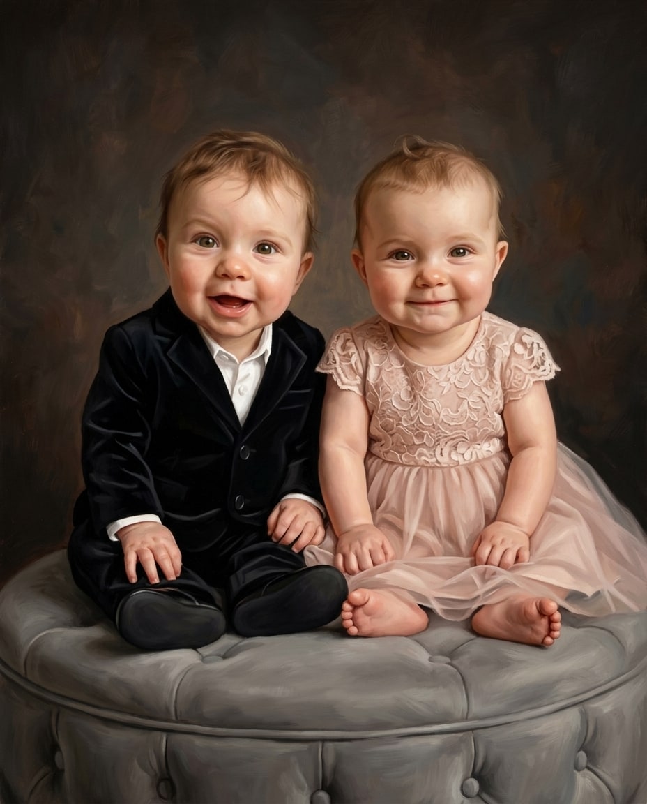 A twin heirloom portrait of an infant boy in a black suit and a baby girl in a pink lace dress seated together on a tufted ottoman.