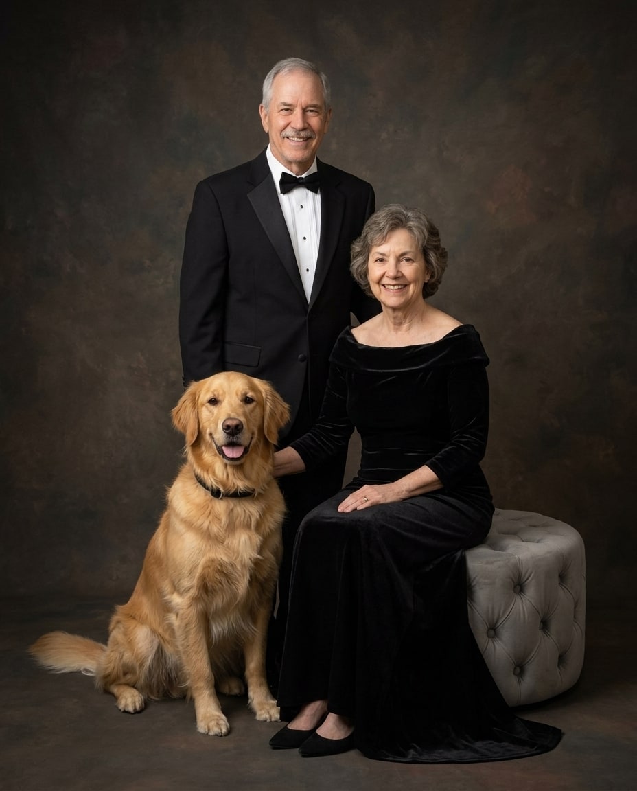 A fine art portrait photo of parents dressed in formal black attire posing with their golden retriever against a studio backdrop.