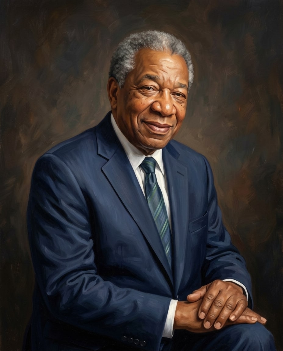 The same older man as a dignified fine-art memorial portrait in a navy suit