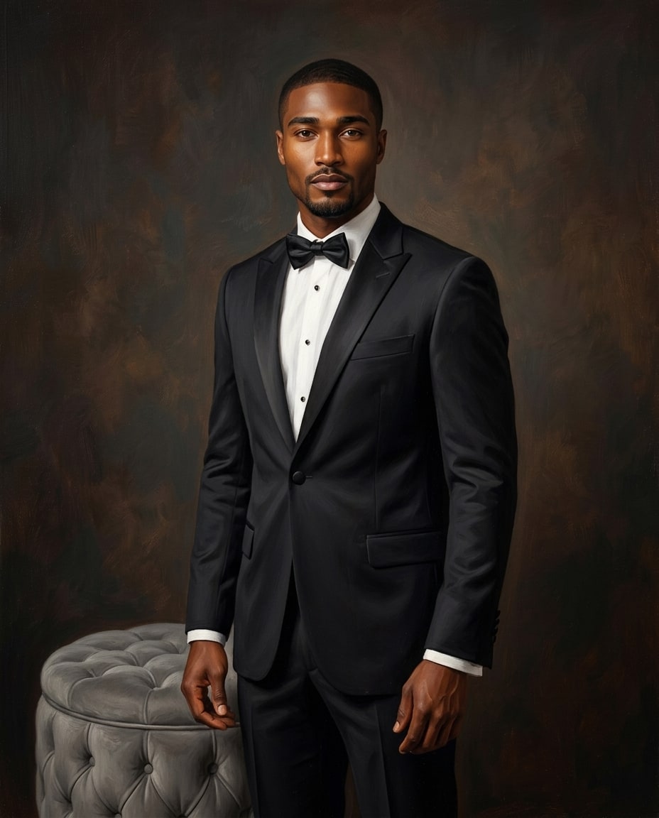 A man in a formal black tuxedo and bow tie stands beside a grey tufted ottoman against a dark brown textured background.