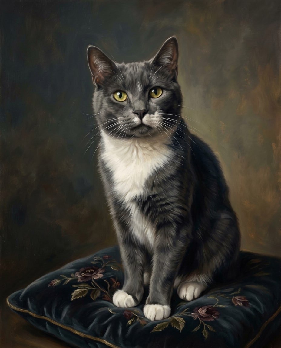 The same gray-and-white tuxedo cat as a fine-art portrait on a blue cushion