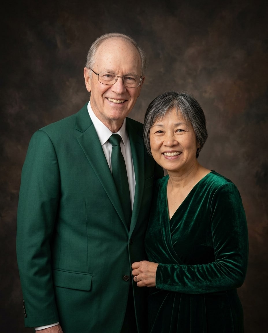A memorial portrait of a smiling senior couple wearing coordinated emerald green formal attire against a textured dark background.