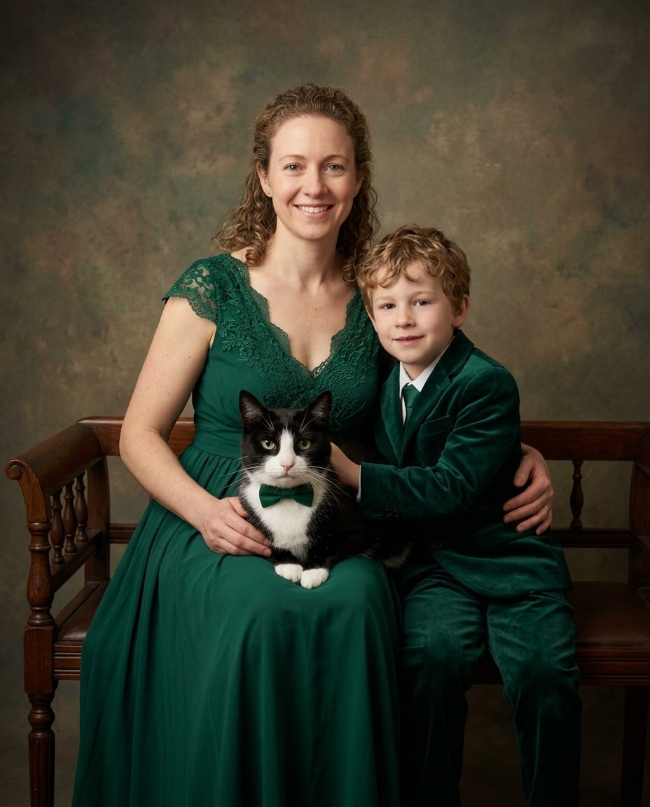 A smiling woman and young boy in matching emerald green formalwear sit on a wooden bench holding a tuxedo cat in a green bow tie.