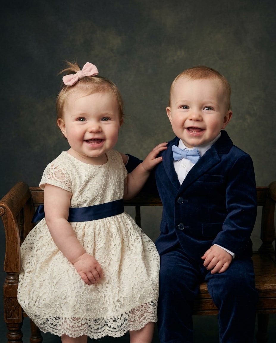 An heirloom portrait of twin toddlers sitting together on a wooden bench, dressed in an ivory lace dress and a navy velvet suit.