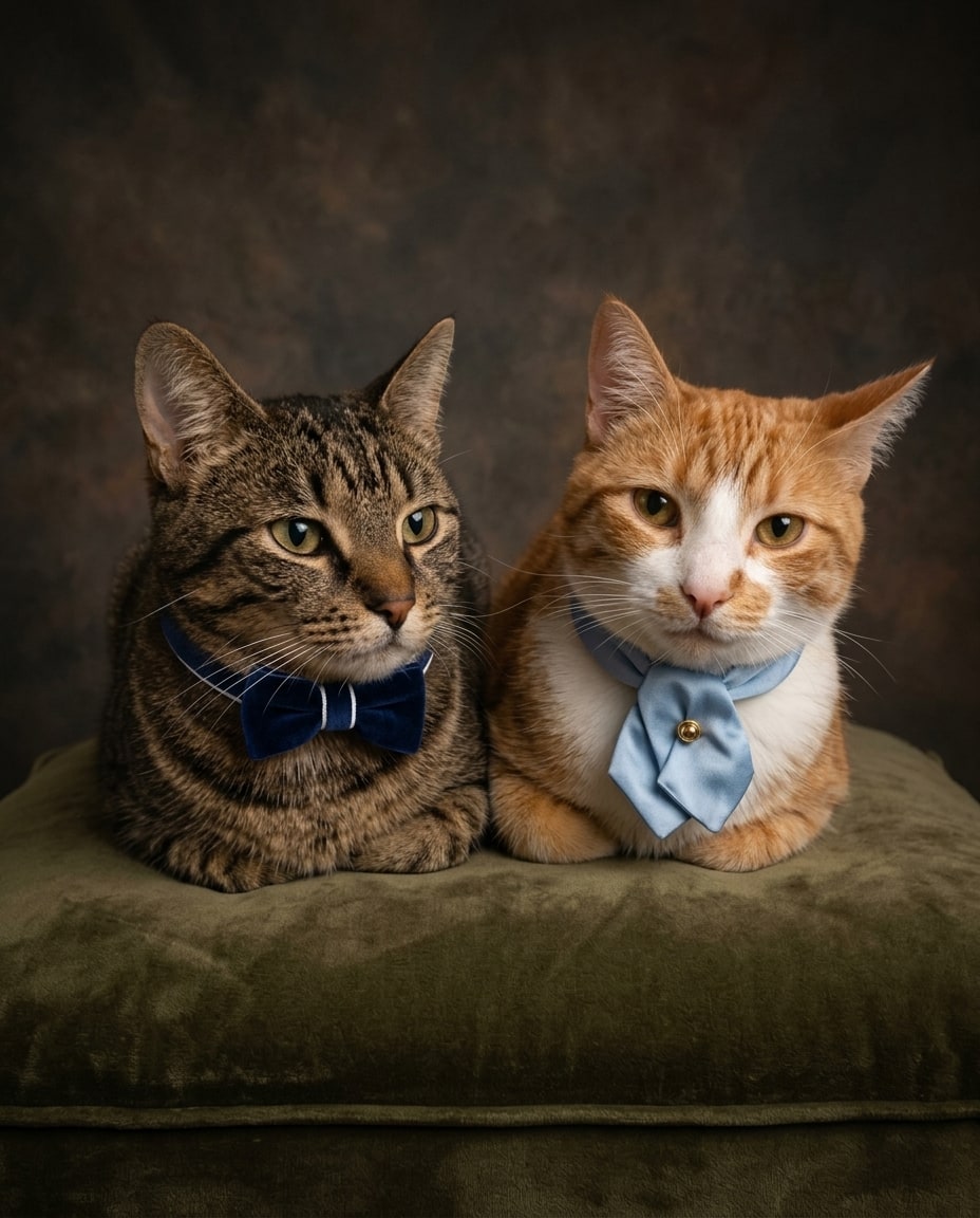 A cat fine art portrait from photo features a brown tabby and an orange cat wearing blue neckties on a green velvet cushion.