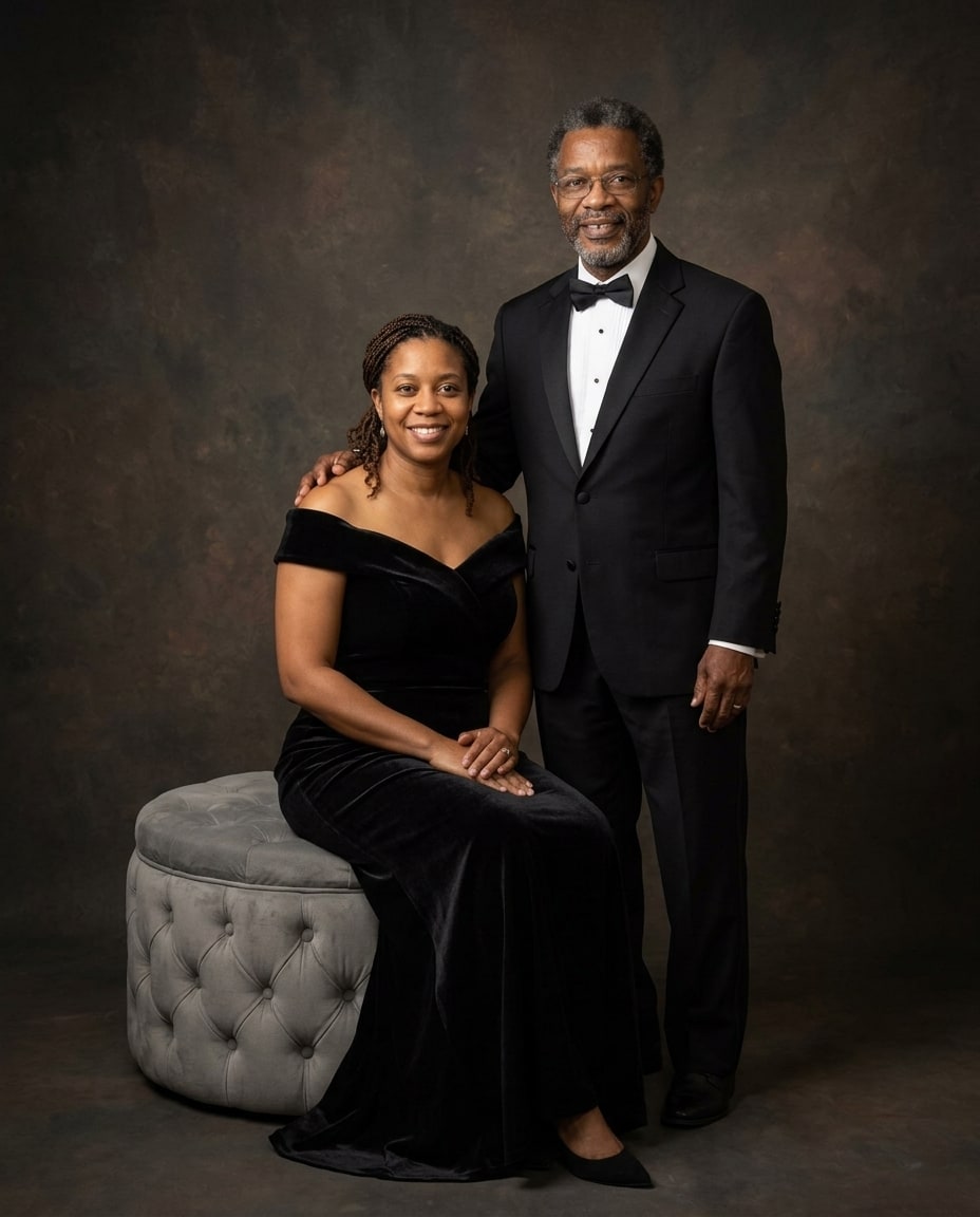 The same older couple as a fine-art portrait in black evening wear
