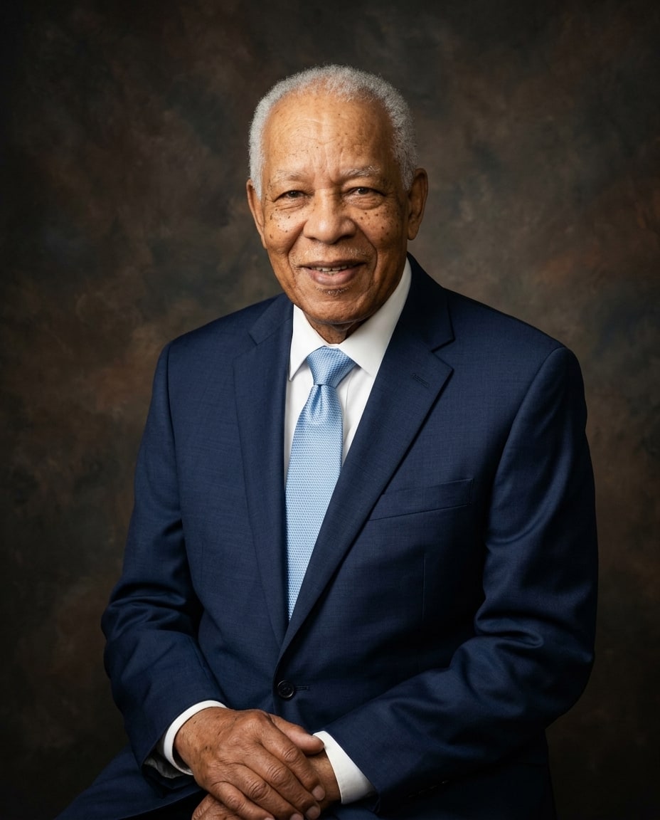 A memorial portrait of a smiling senior Black man dressed in a navy suit and light blue tie against a dark studio background.
