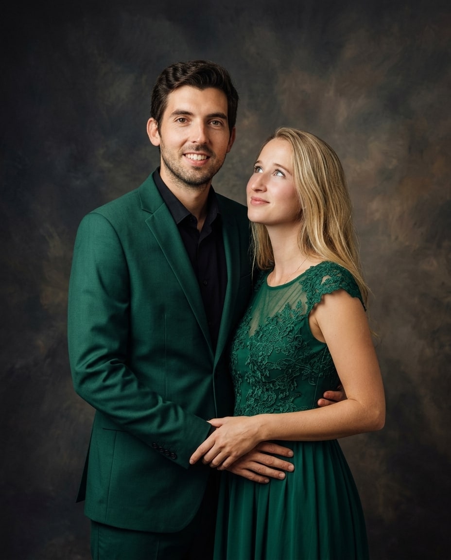 A couple poses together in matching emerald green formalwear against a dark textured backdrop.
