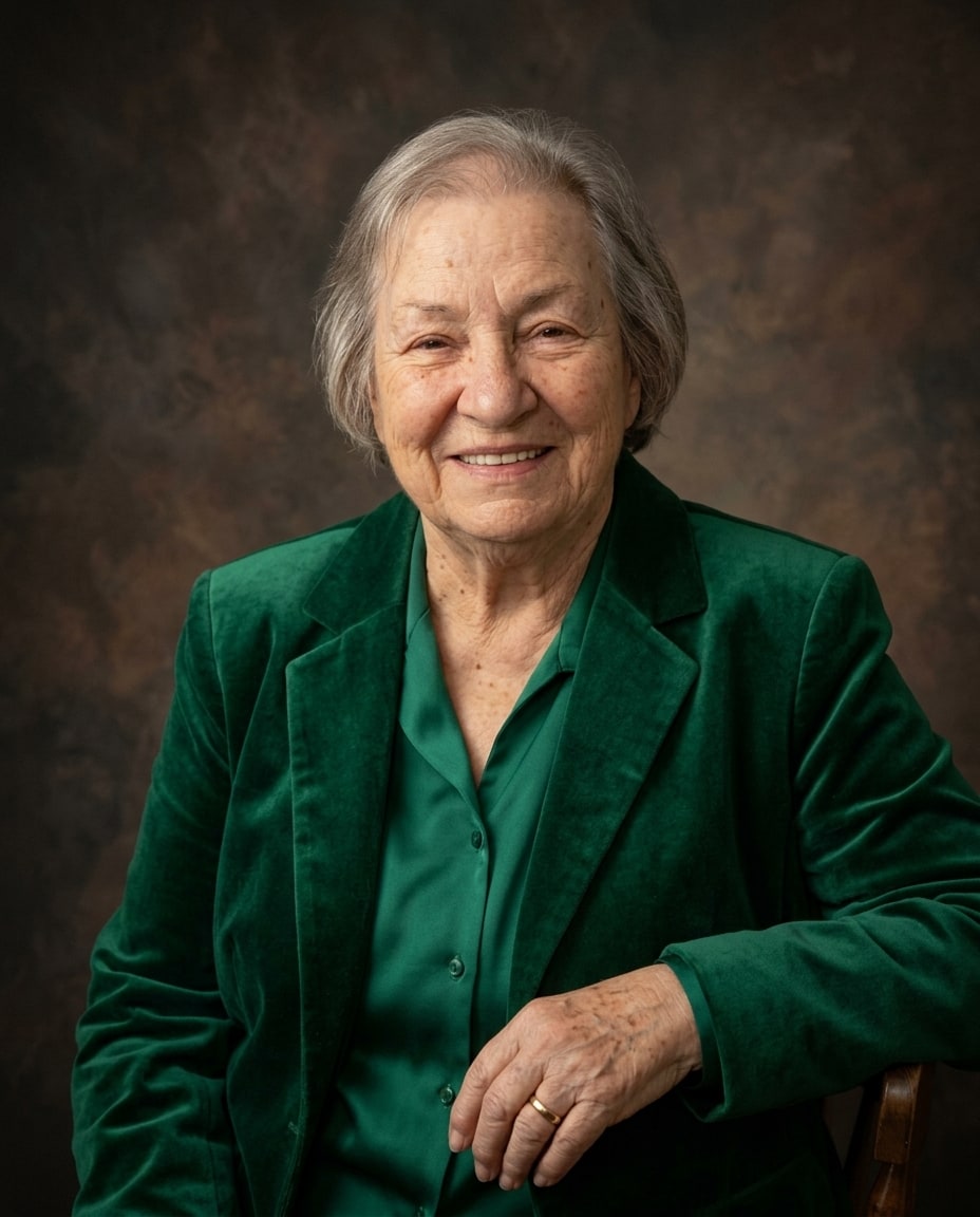 An elderly grandmother smiles warmly while dressed in an emerald green velvet blazer against a warm brown studio background, capturing a cherished memory.