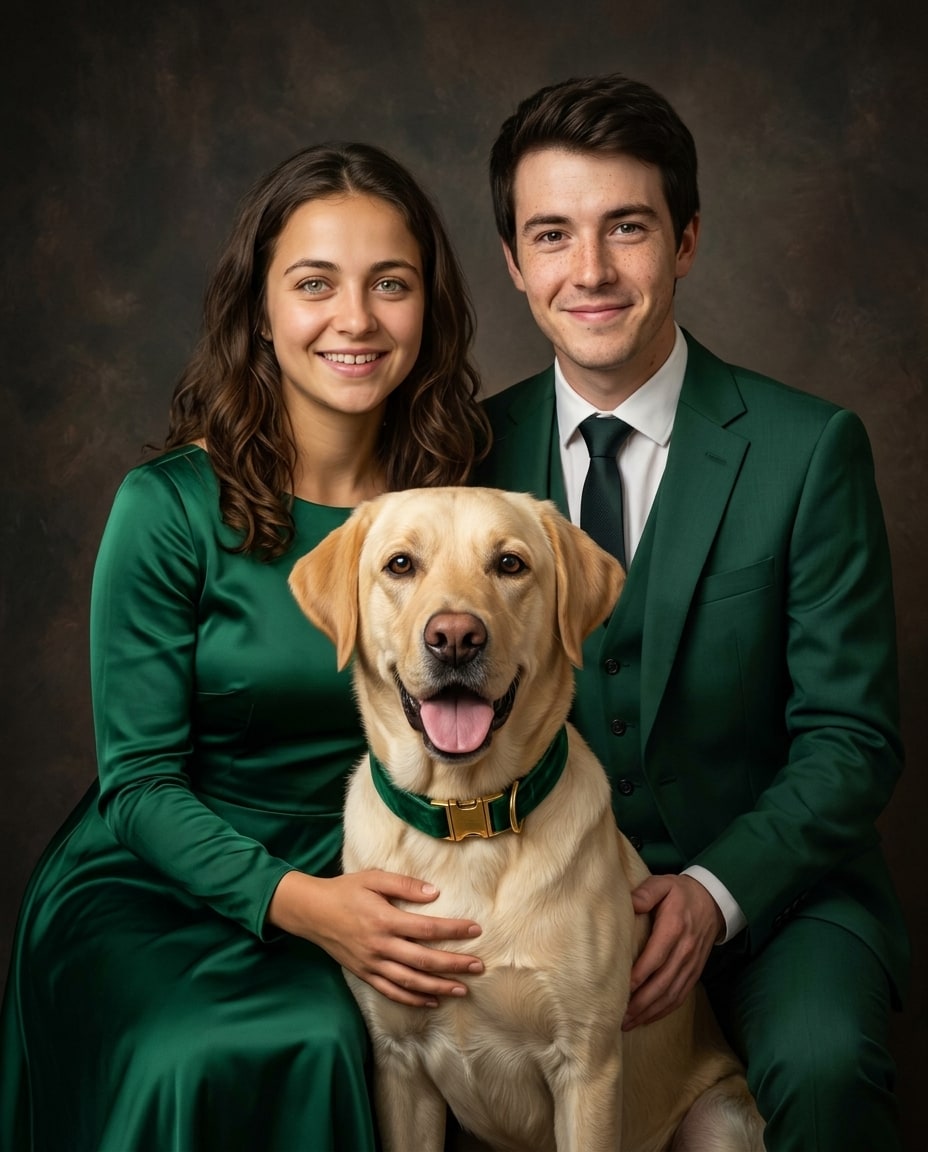 A smiling man and woman in emerald green formalwear pose together with their yellow labrador retriever.