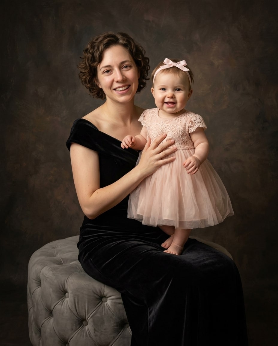 An heirloom oil painting style portrait of a smiling mother in a black velvet gown holding her baby daughter in a blush pink dress.