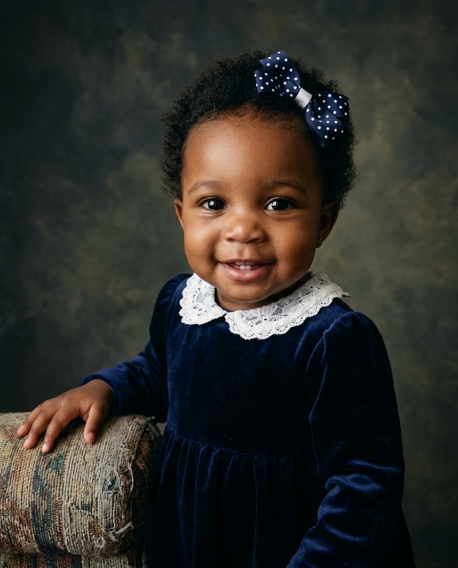 An heirloom studio portrait of a smiling baby girl wearing a navy blue velvet dress with a lace collar and a polka dot bow.