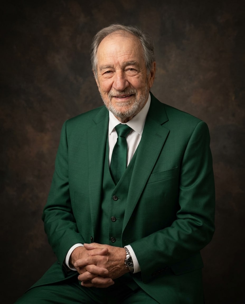 A memorial portrait of a CEO featuring a smiling older man seated in an emerald green three-piece suit against a dark brown background.