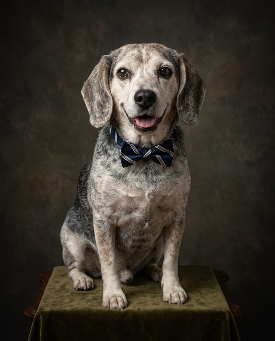 A speckled hound mix wearing a dark blue striped bowtie sits on an olive green velvet stool against a textured brown backdrop.