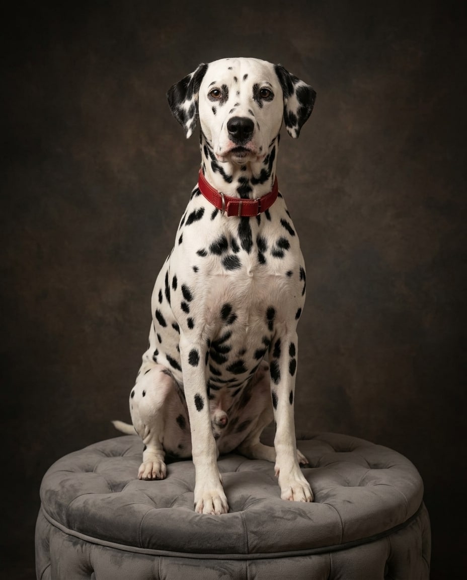 A Dalmatian wearing a red collar sits on a tufted gray round ottoman against a mottled dark brown background.