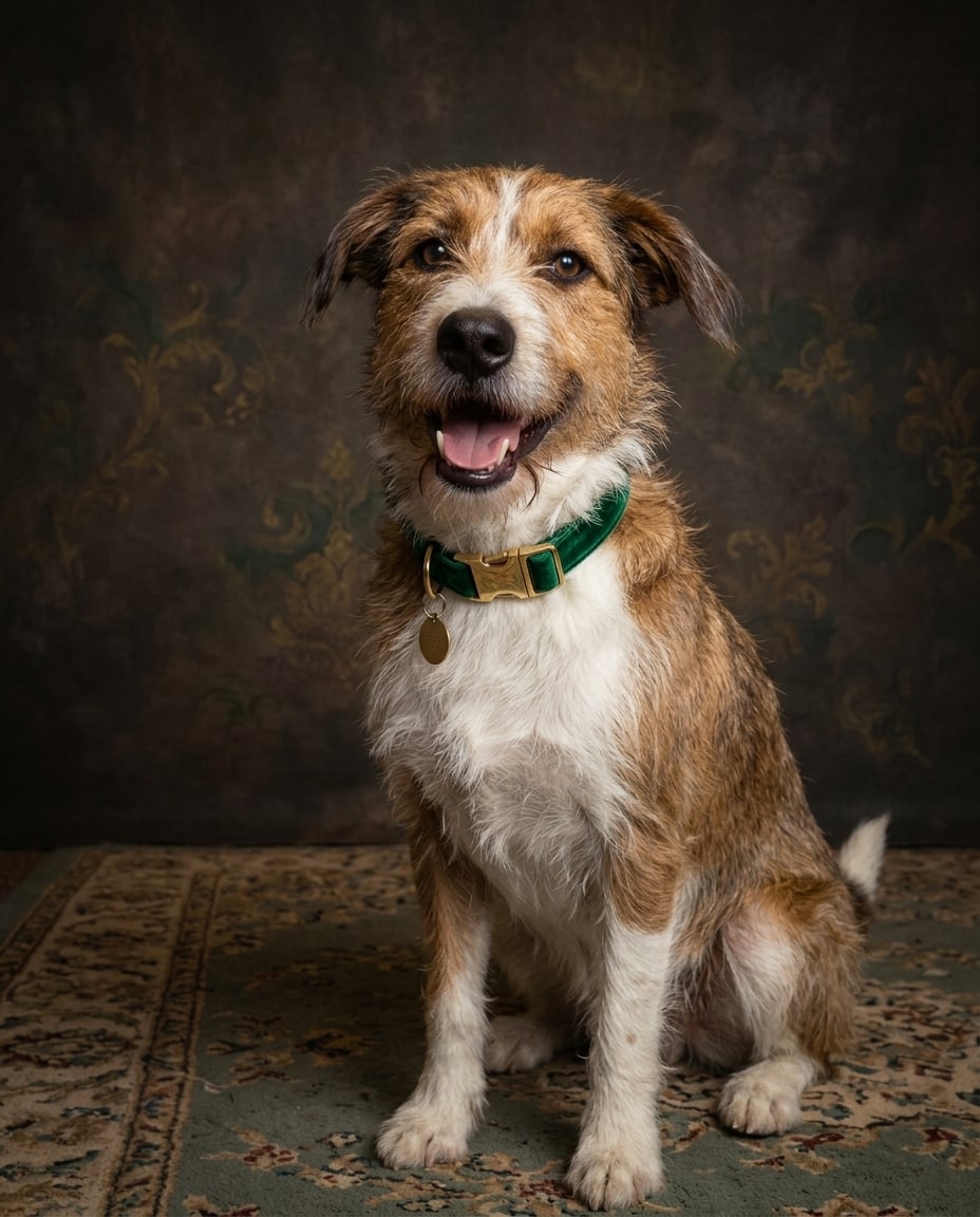 A smiling brown and white scruffy dog sits wearing a green velvet collar on an ornate rug against a dark background.