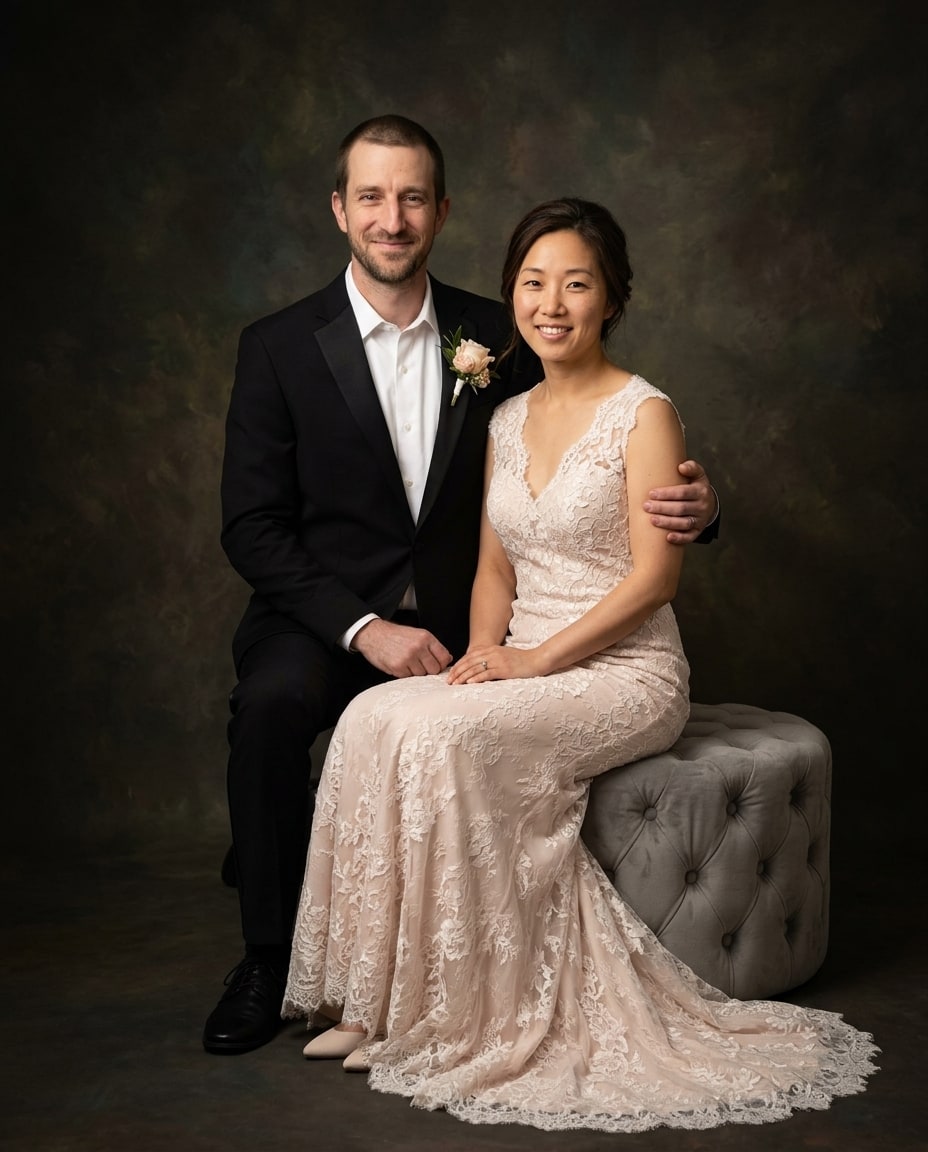 A Canva wedding portrait of a couple dressed in a sleeveless lace gown and a black suit seated against a dark textured backdrop.