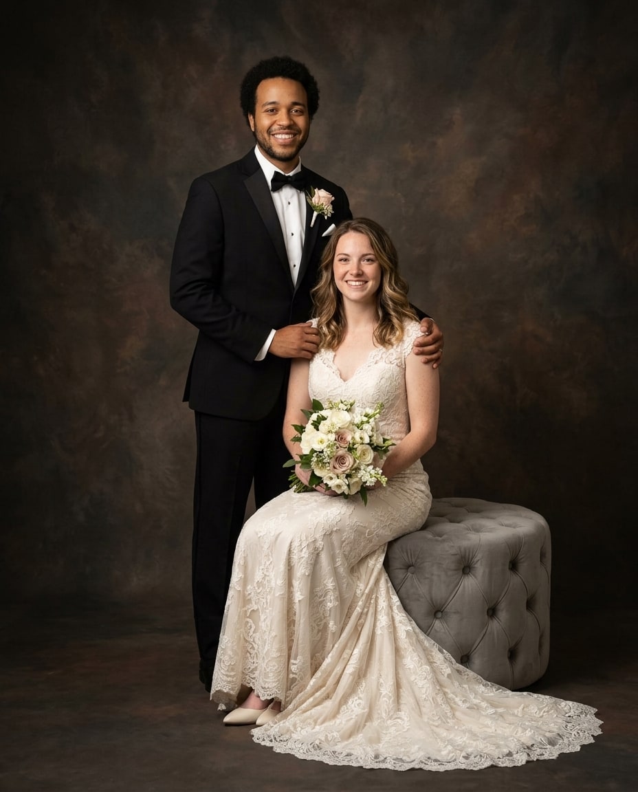 A man in a black tuxedo stands beside a woman in an ivory lace gown seated on a grey tufted ottoman against a dark mottled backdrop.