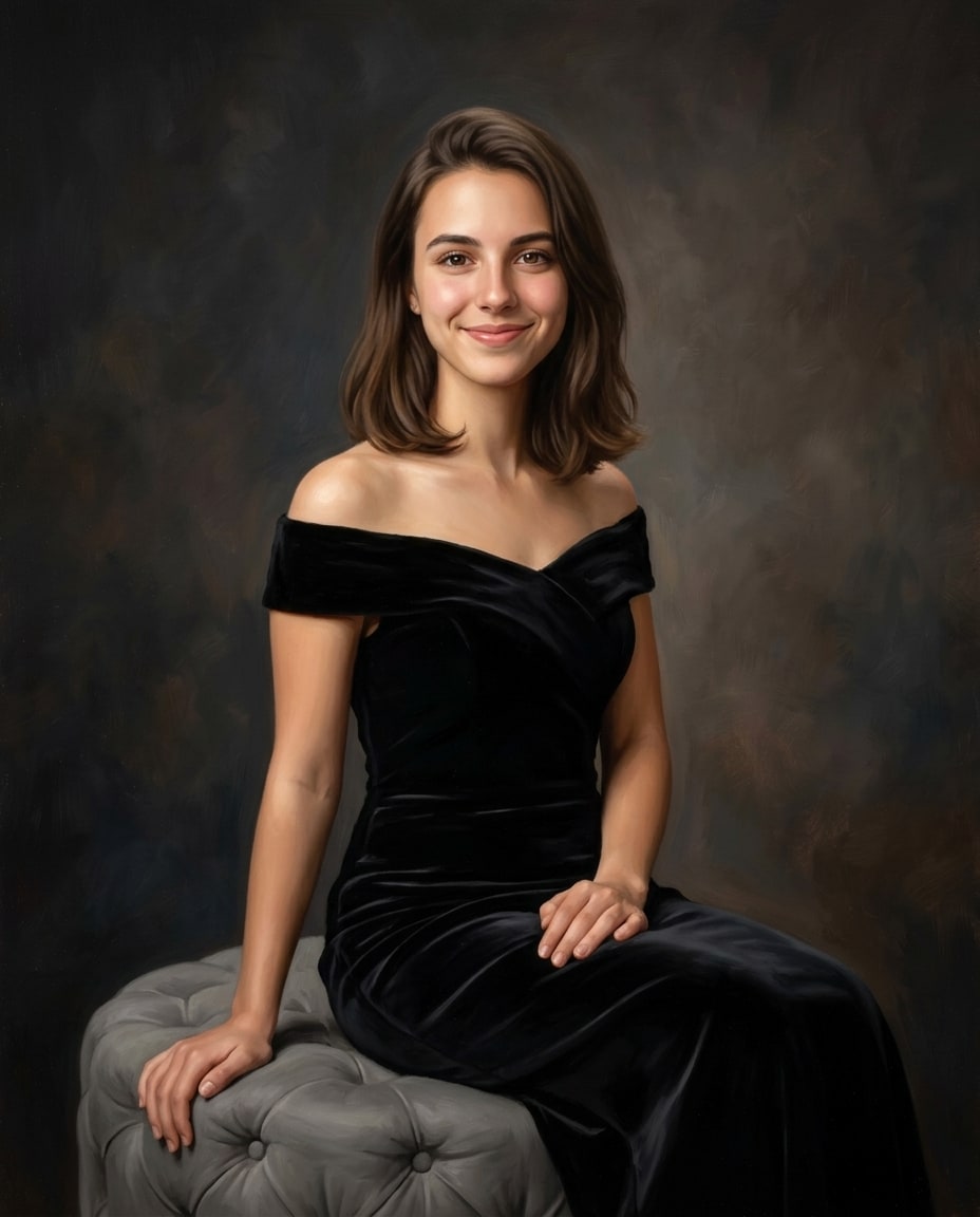 A smiling young woman with shoulder-length brown hair wears an off-the-shoulder black velvet gown while seated on a tufted grey ottoman.