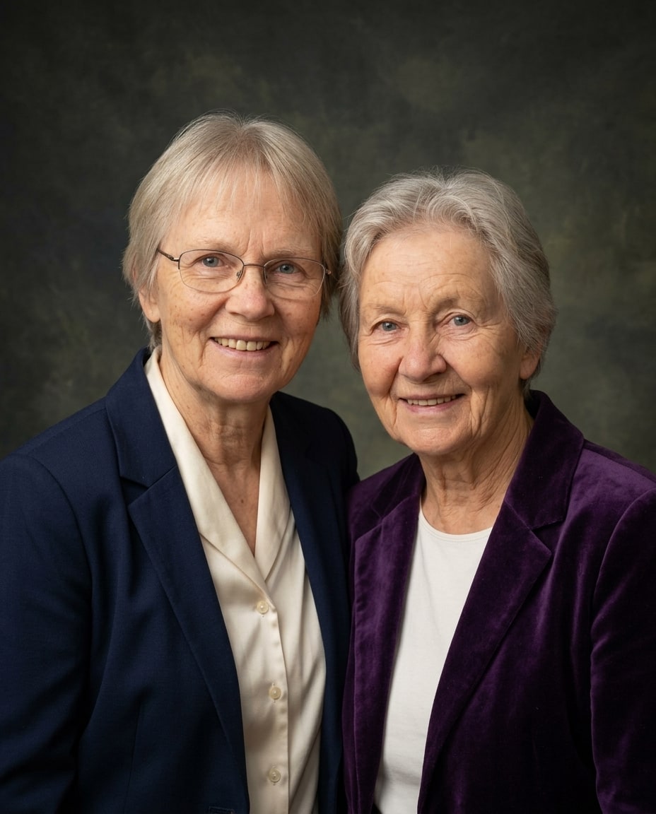 Two smiling older women stand close together against a dark mottled background, wearing navy and purple blazers.