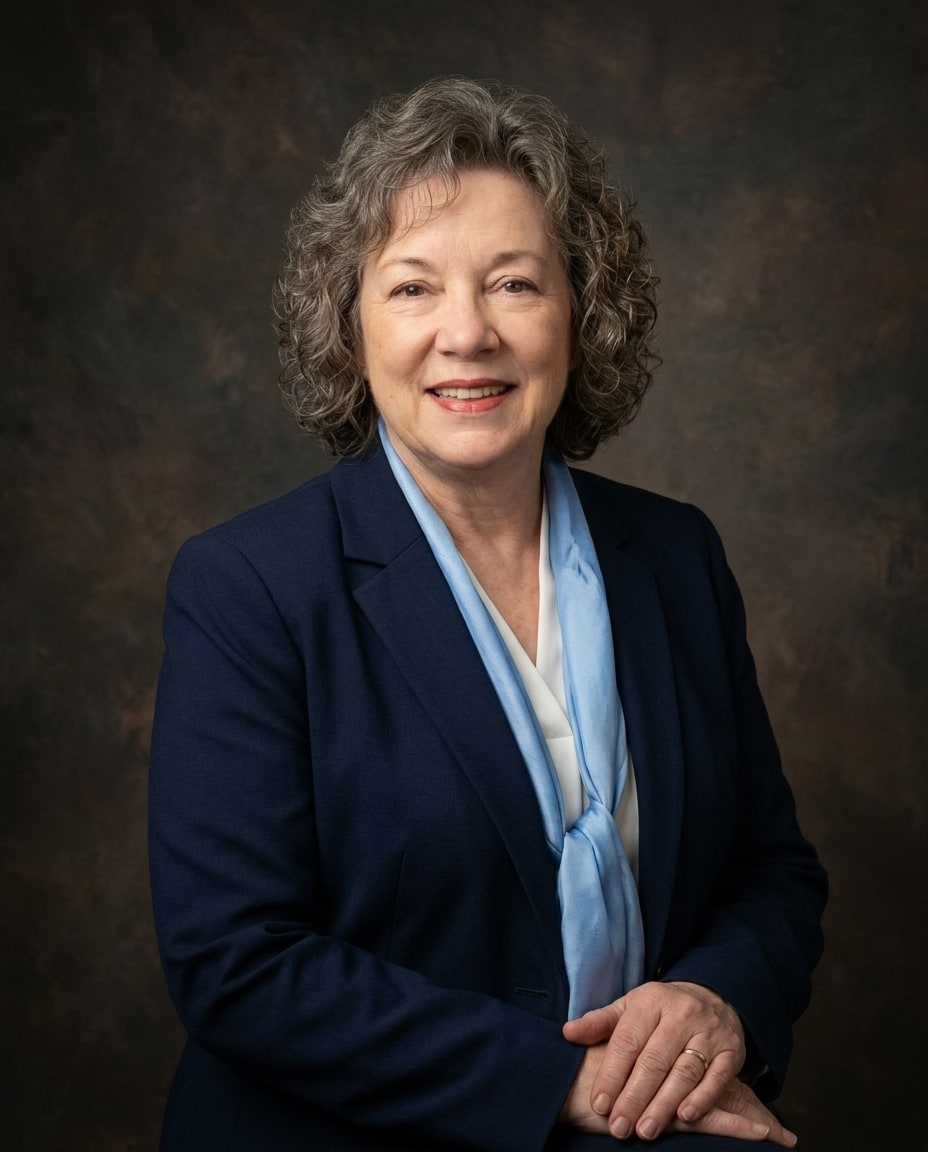 A fine-art portrait of a smiling mature woman dressed in a navy blazer and light blue scarf, suitable as a memorial gift for an employee.