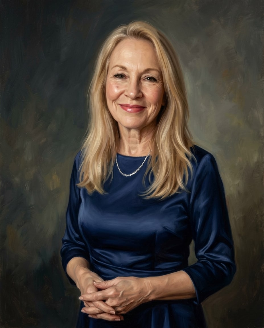 A memorial portrait from photo depicting a smiling mature blonde woman with clasped hands wearing a navy blue dress against a dark backdrop.