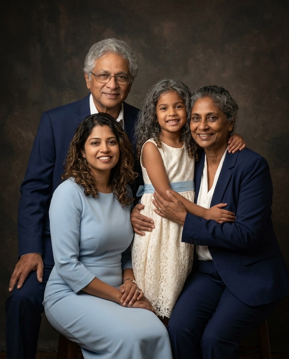 The same grandparents, adult daughter, and granddaughter as a fine-art family portrait in blue and white