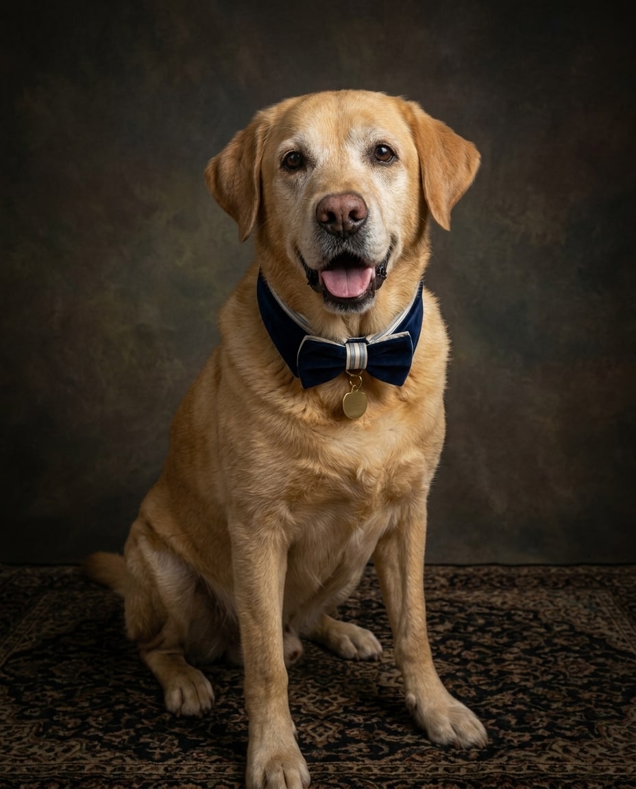 A smiling yellow Labrador retriever sits on an ornate rug wearing a navy blue bow tie against a dark textured background.