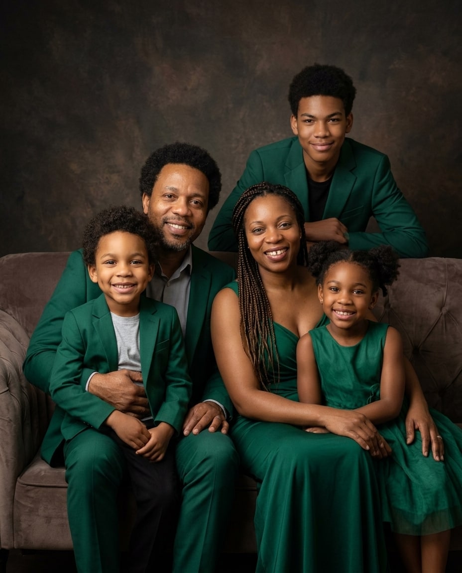 A family portrait from photo featuring five Black family members smiling together in coordinated emerald green outfits on a brown couch.